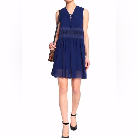 NEW Sandro Blue Paradise Lace Paneled Chiffon Sleeveless Mini Dress Size 4 - Picture 1 of 17